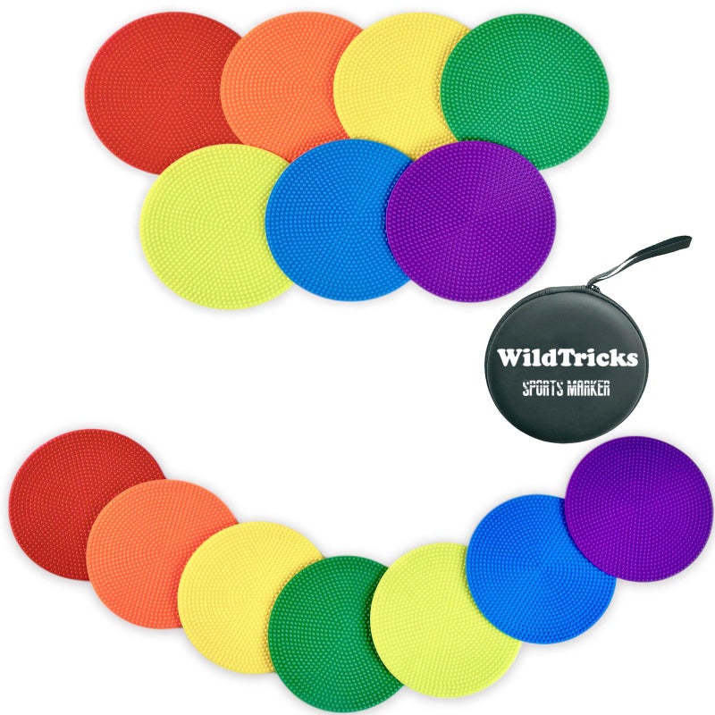 WildTracks 14 Pcs Football Spot Markers  Non-Slip Agility Flat Poly Spots  4 inch Floor Dots for Gym PE Equipment Rubber Circles Multiple Color Sports Markers(with Storage Package) - Image 1